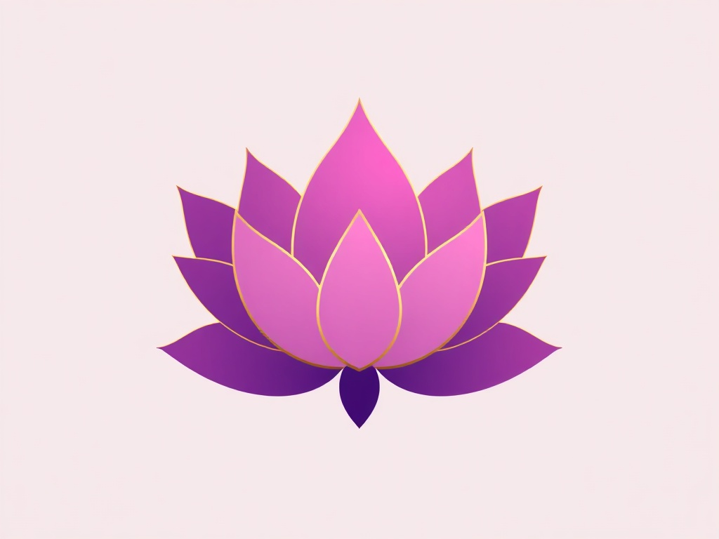 A stylized simple lotus flower in soft purple and gold gradient, geometric minimal design, vector-like but rendered photorealistically, high-end, 8k.